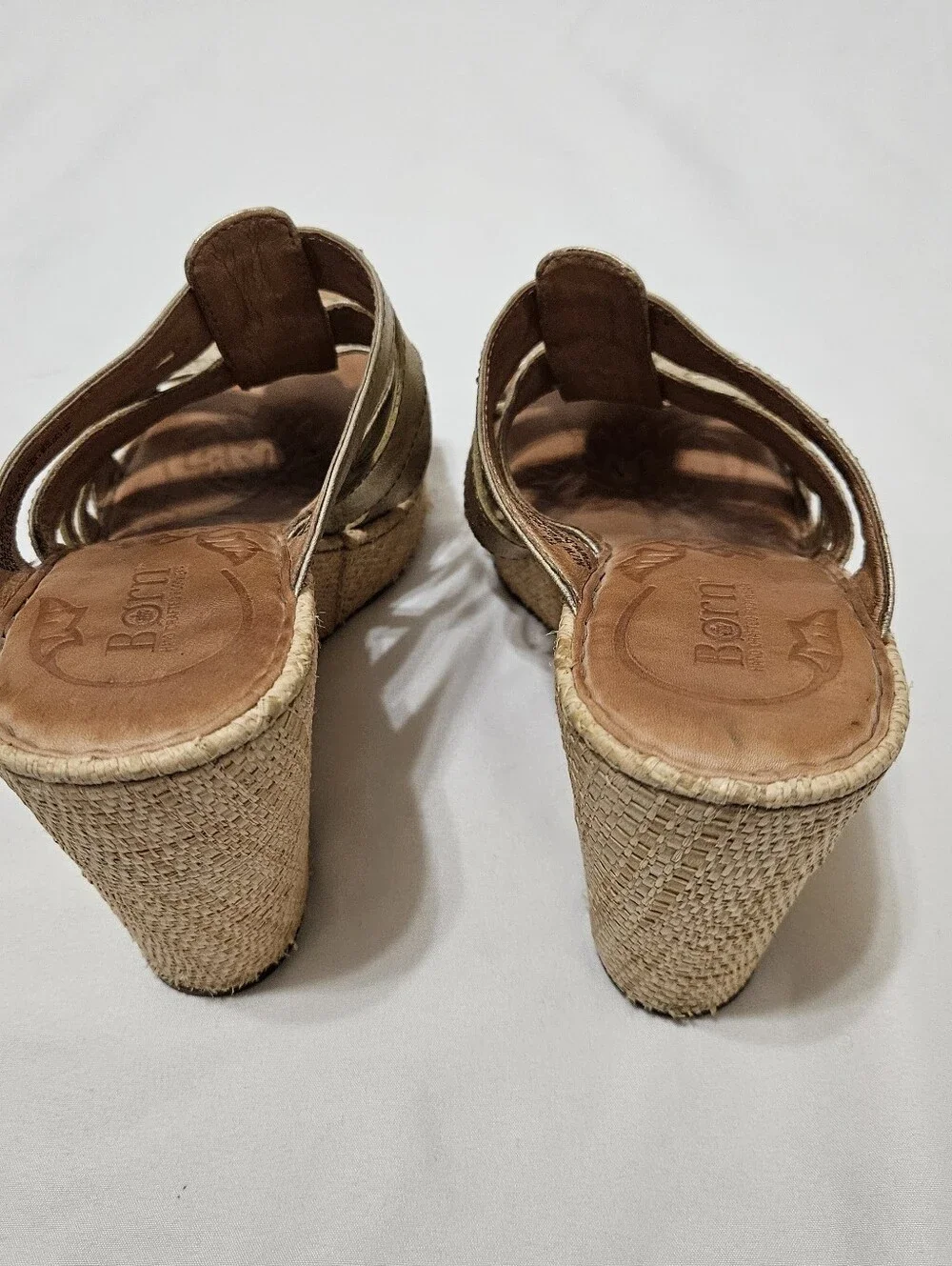 Born Sandals Womens 10 Strappy Casual Slip On Wedge Slide Gold Leather